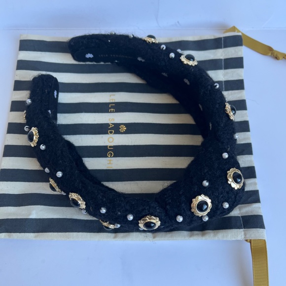 Lele Sadoughi Eva Cabochon Enameled Pearl Stud Tweed Black Knotted Headband main image 4